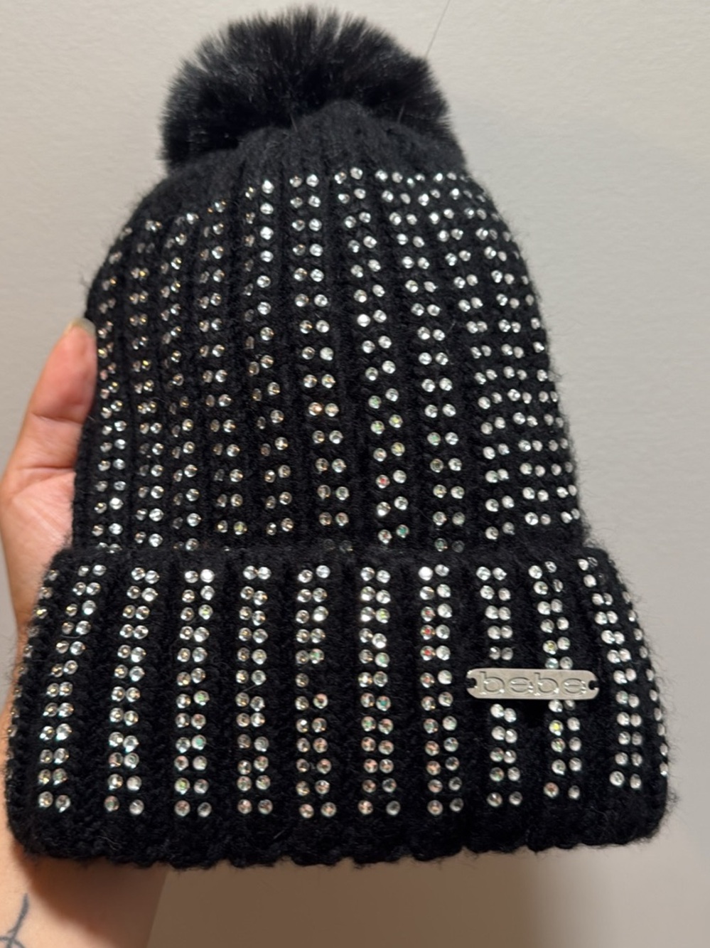 bebe Black Crystal-Embellished Pom Beanie